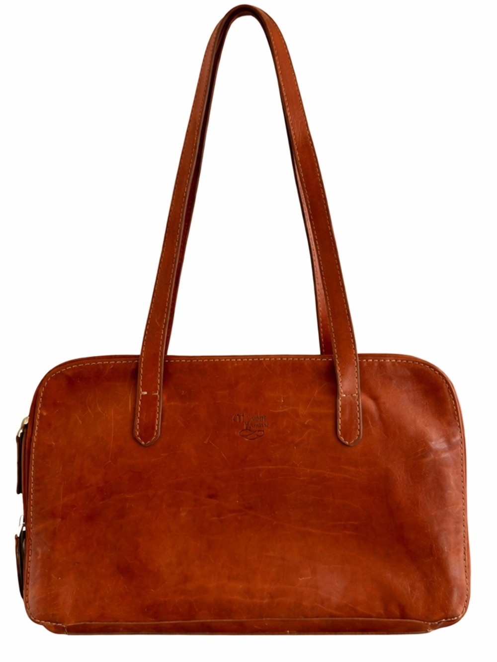 Maledetti Toscani Italian Brown Leather Double Zip Compartments Handbag 13.5x9